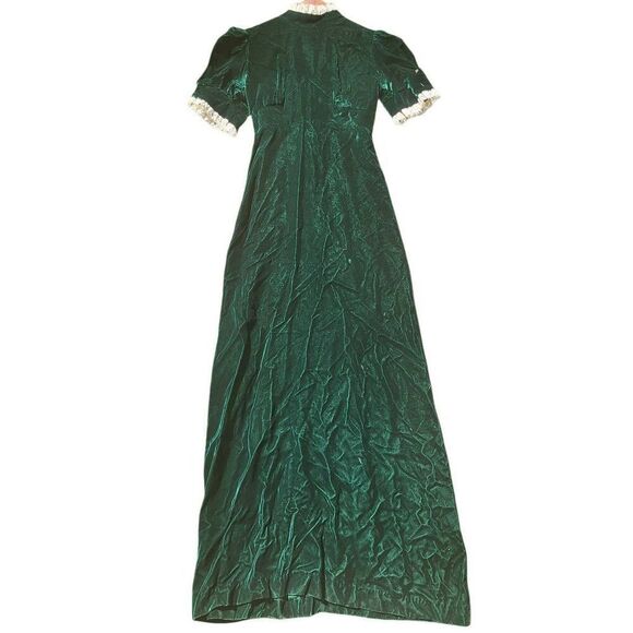 Vintage 1970s Dress Women's XS Green Emerald Velvet Long Maxi Lace Tie Waist - Picture 1 of 9